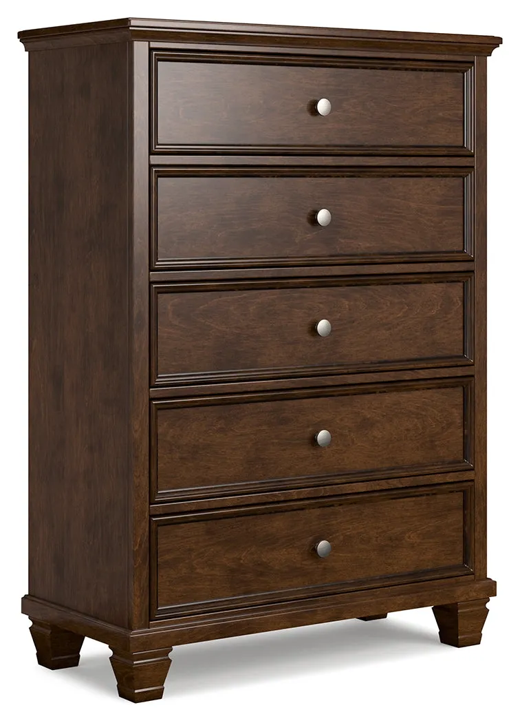 Danabrin Full Panel Bed with Mirrored Dresser and Chest in Brown