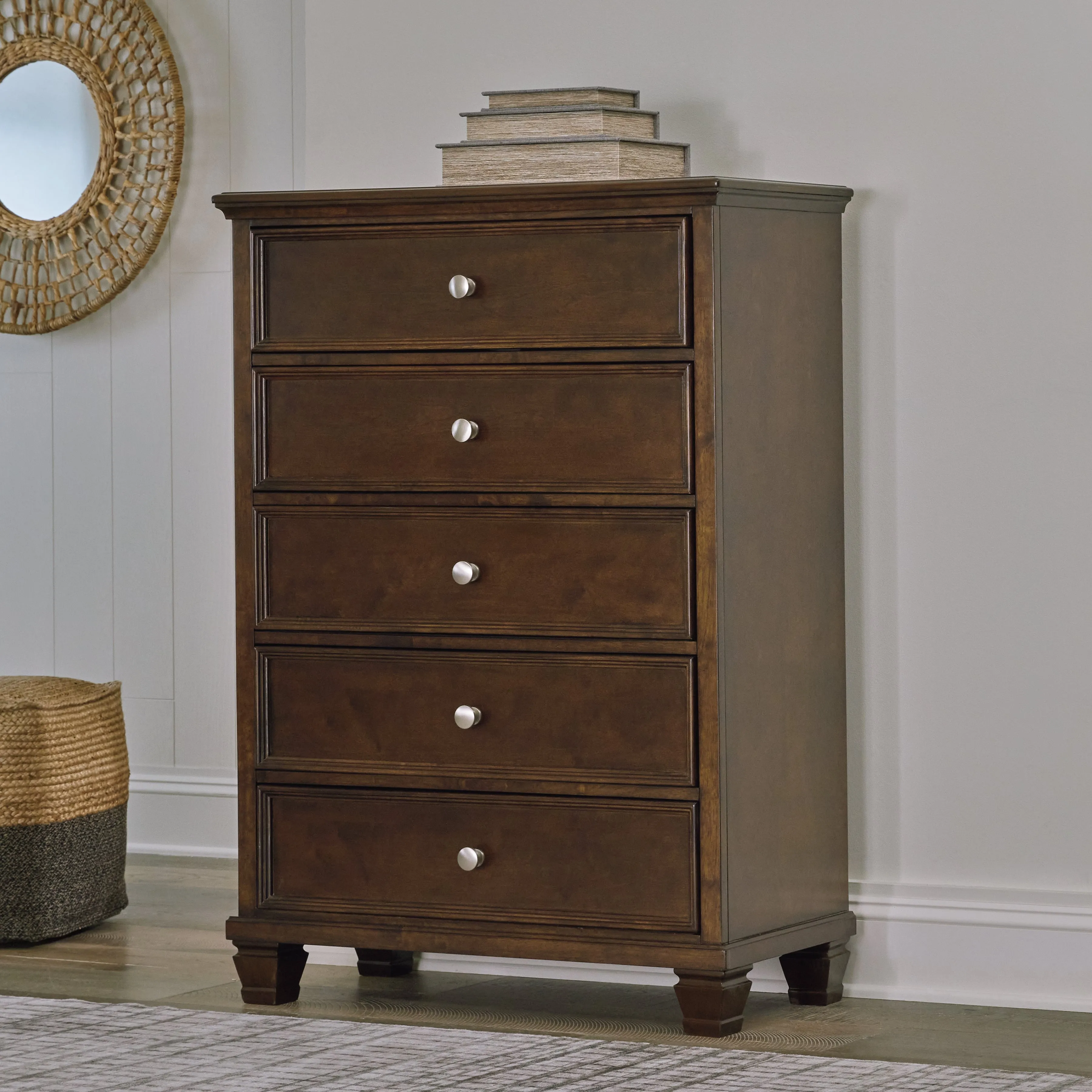 Danabrin Full Panel Bed with Mirrored Dresser and Chest in Brown