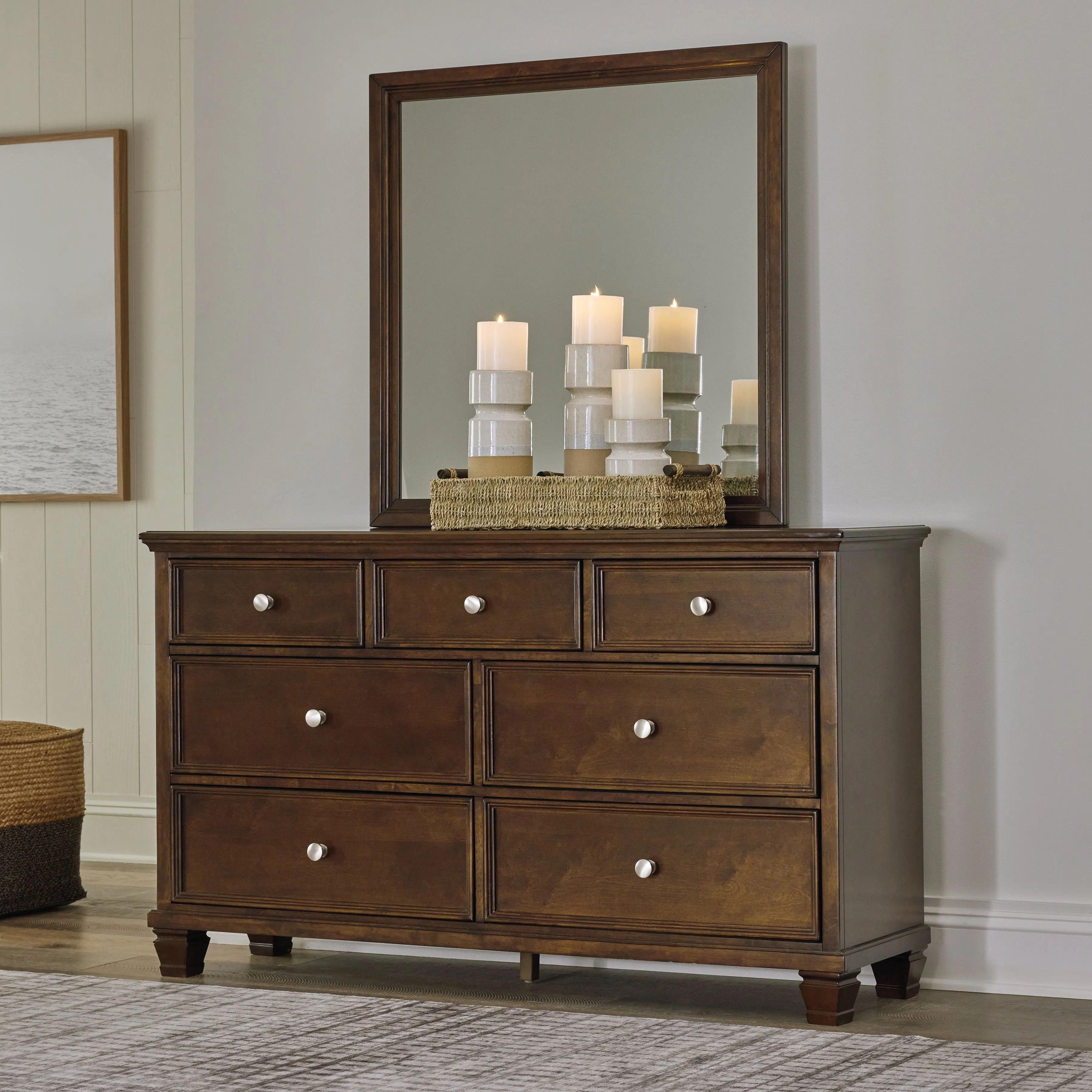 Danabrin Full Panel Bed with Mirrored Dresser and Chest in Brown