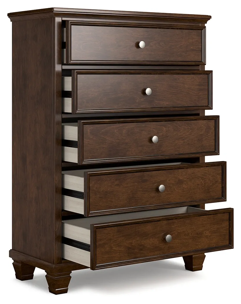 Danabrin Full Panel Bed with Mirrored Dresser and Chest in Brown