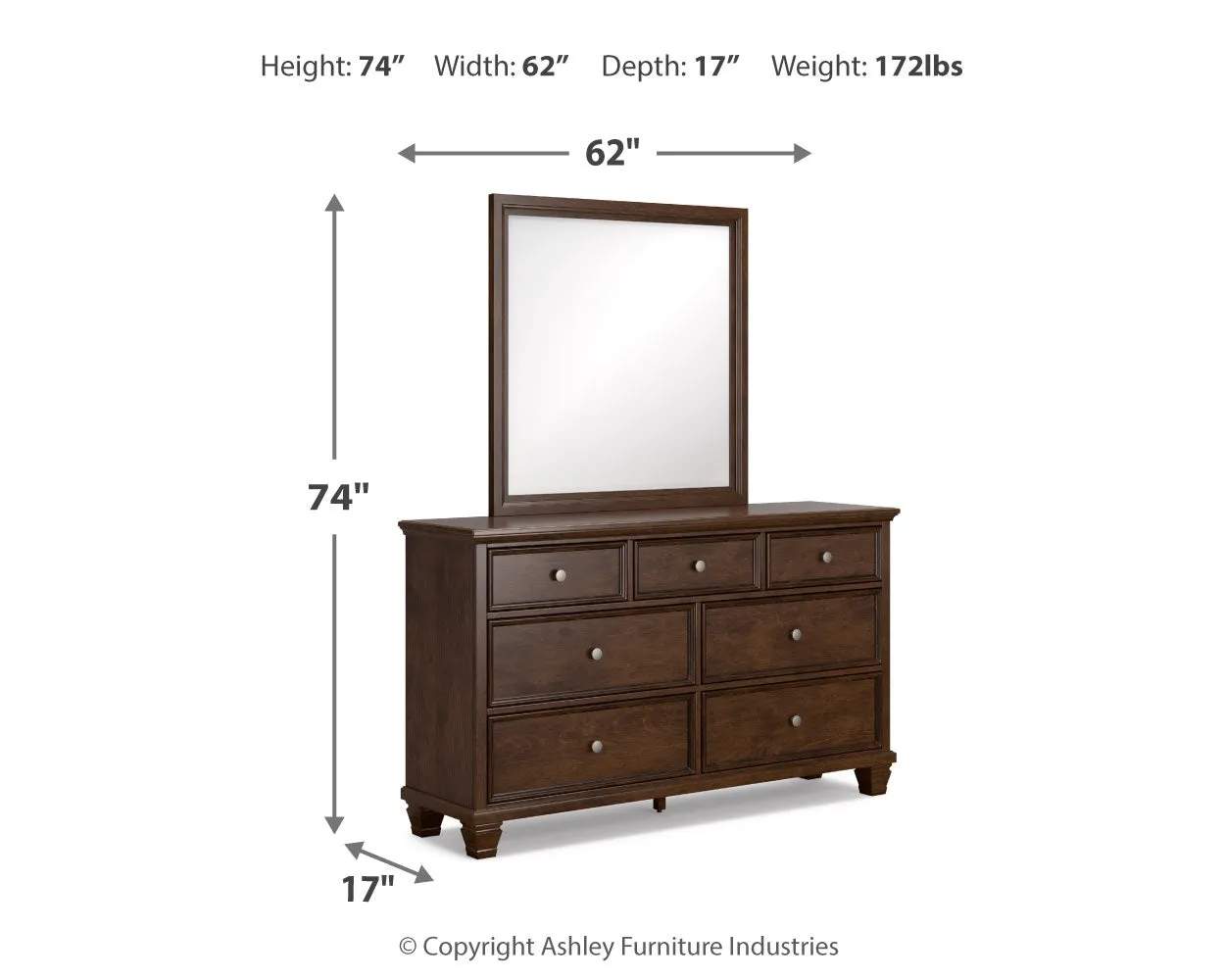 Danabrin Full Panel Bed with Mirrored Dresser and Chest in Brown