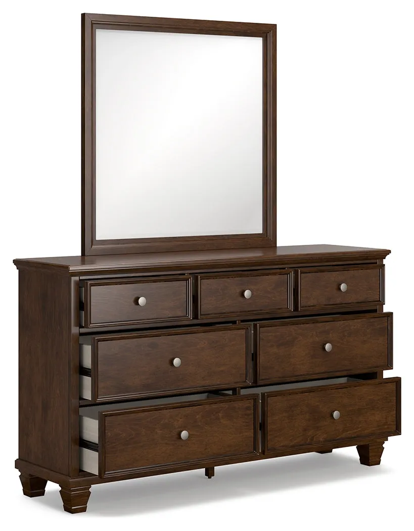 Danabrin Full Panel Bed with Mirrored Dresser and Chest in Brown