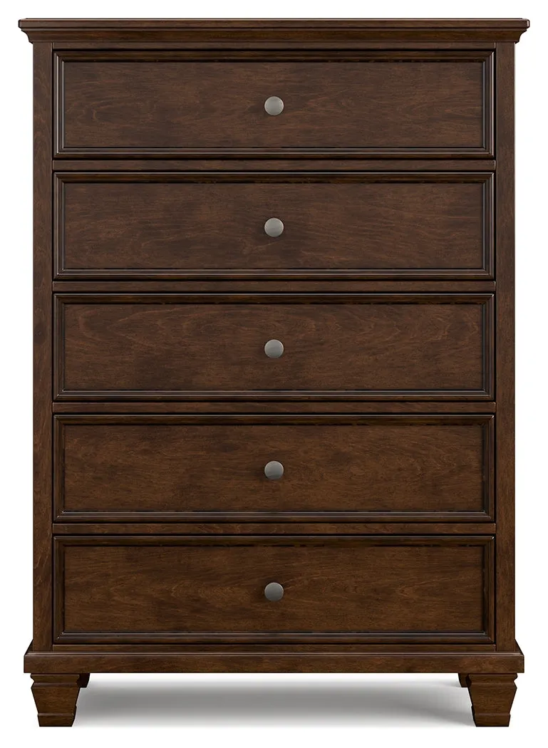 Danabrin Full Panel Bed with Mirrored Dresser and Chest in Brown