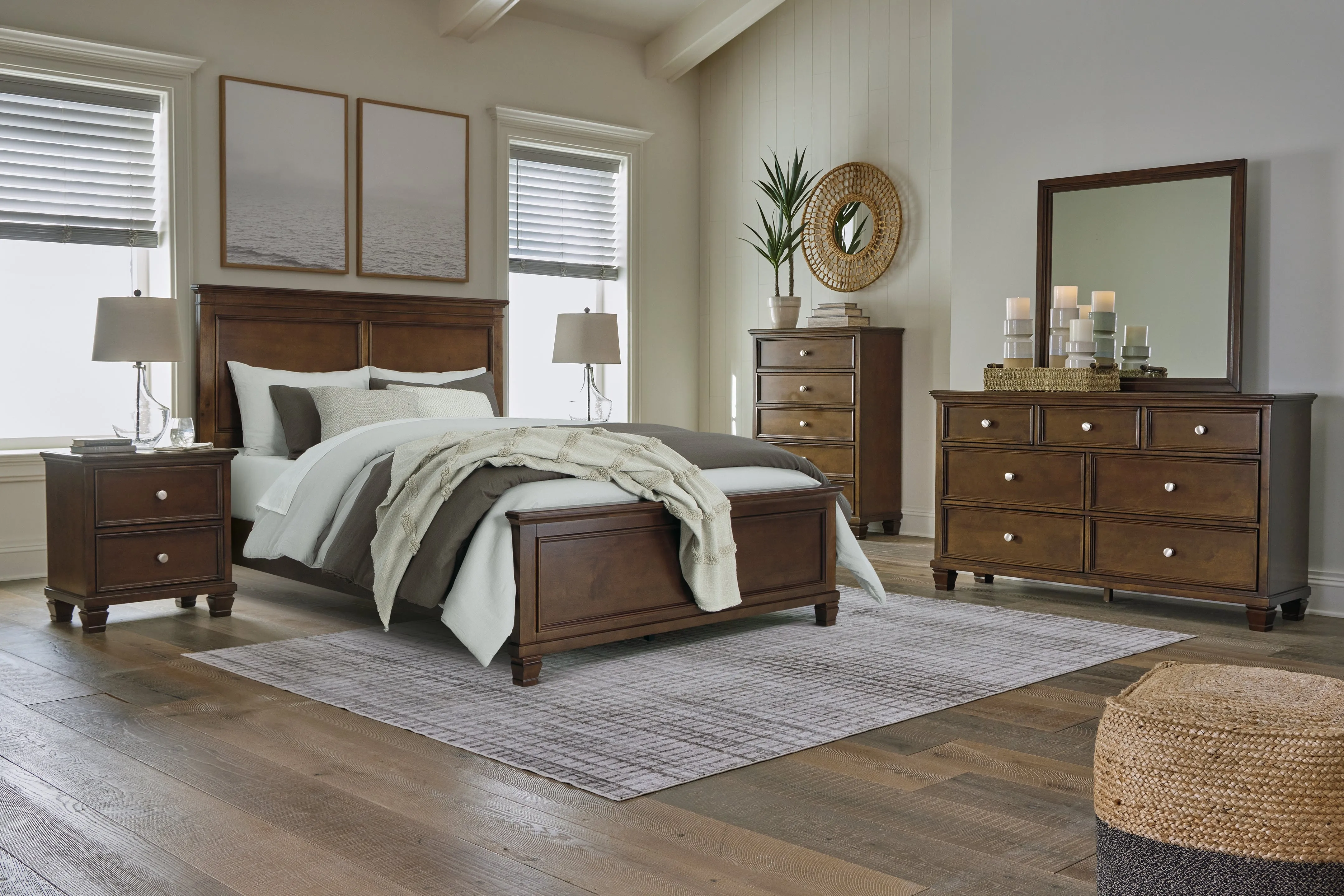 Danabrin Queen Panel Bed with Mirrored Dresser and Chest in Brown