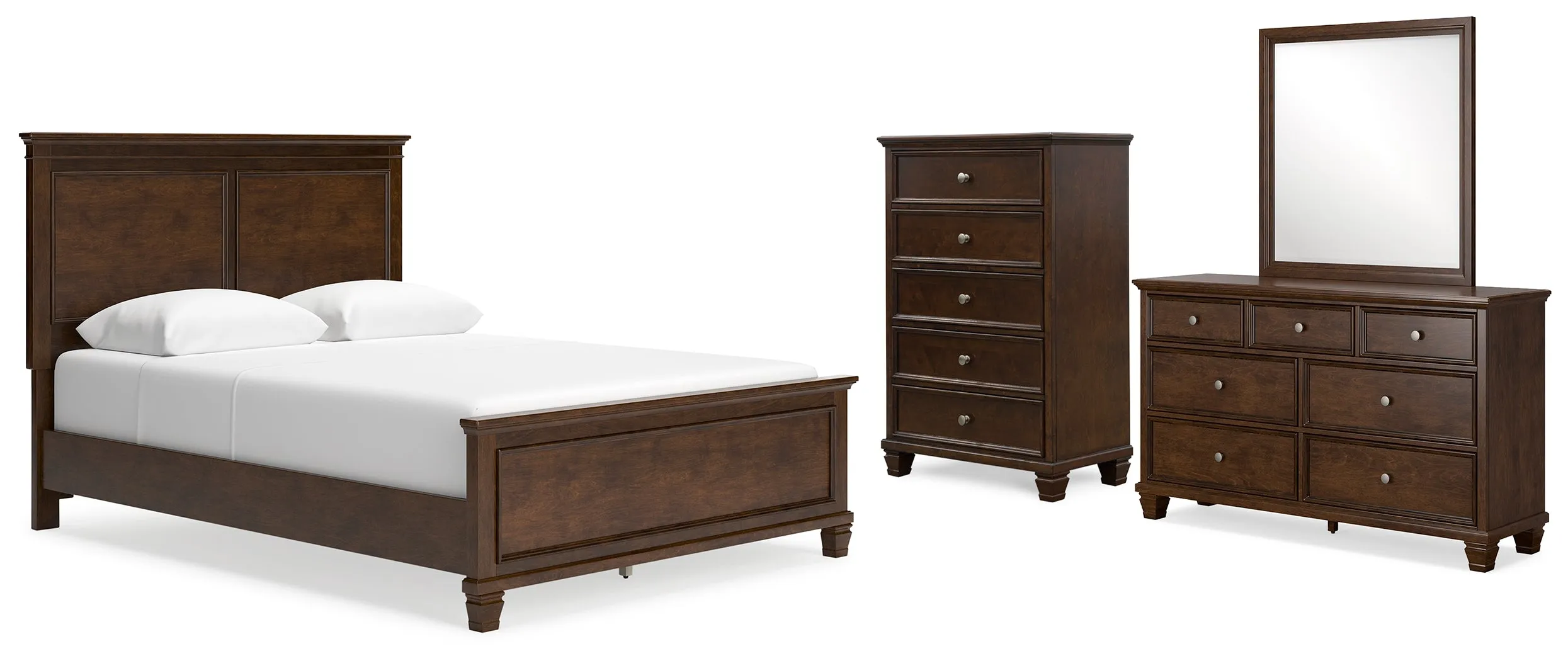 Danabrin Queen Panel Bed with Mirrored Dresser and Chest in Brown