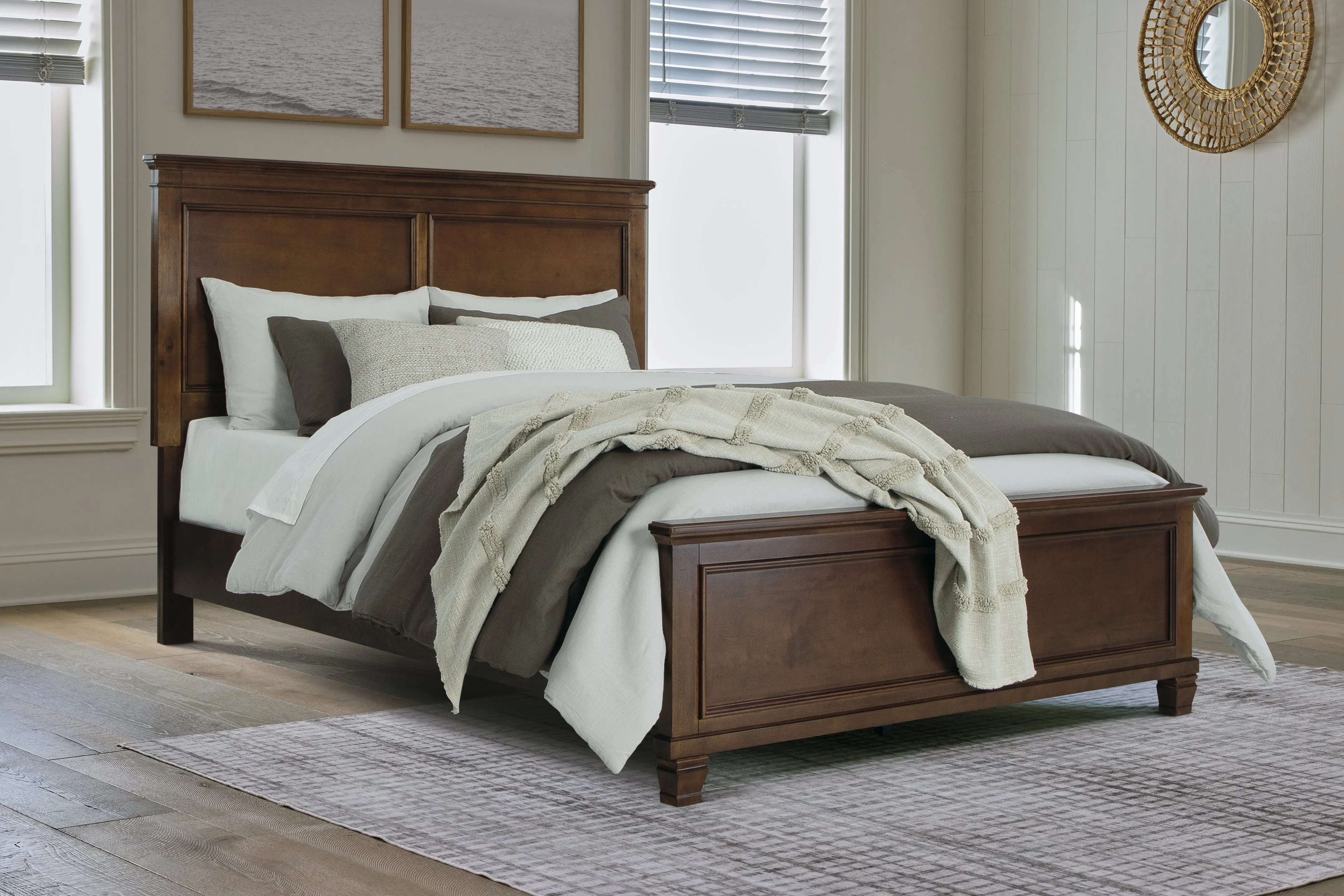 Danabrin Queen Panel Bed with Mirrored Dresser and Chest in Brown