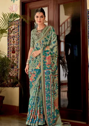 Designer Chitrapatta Light Green Saree