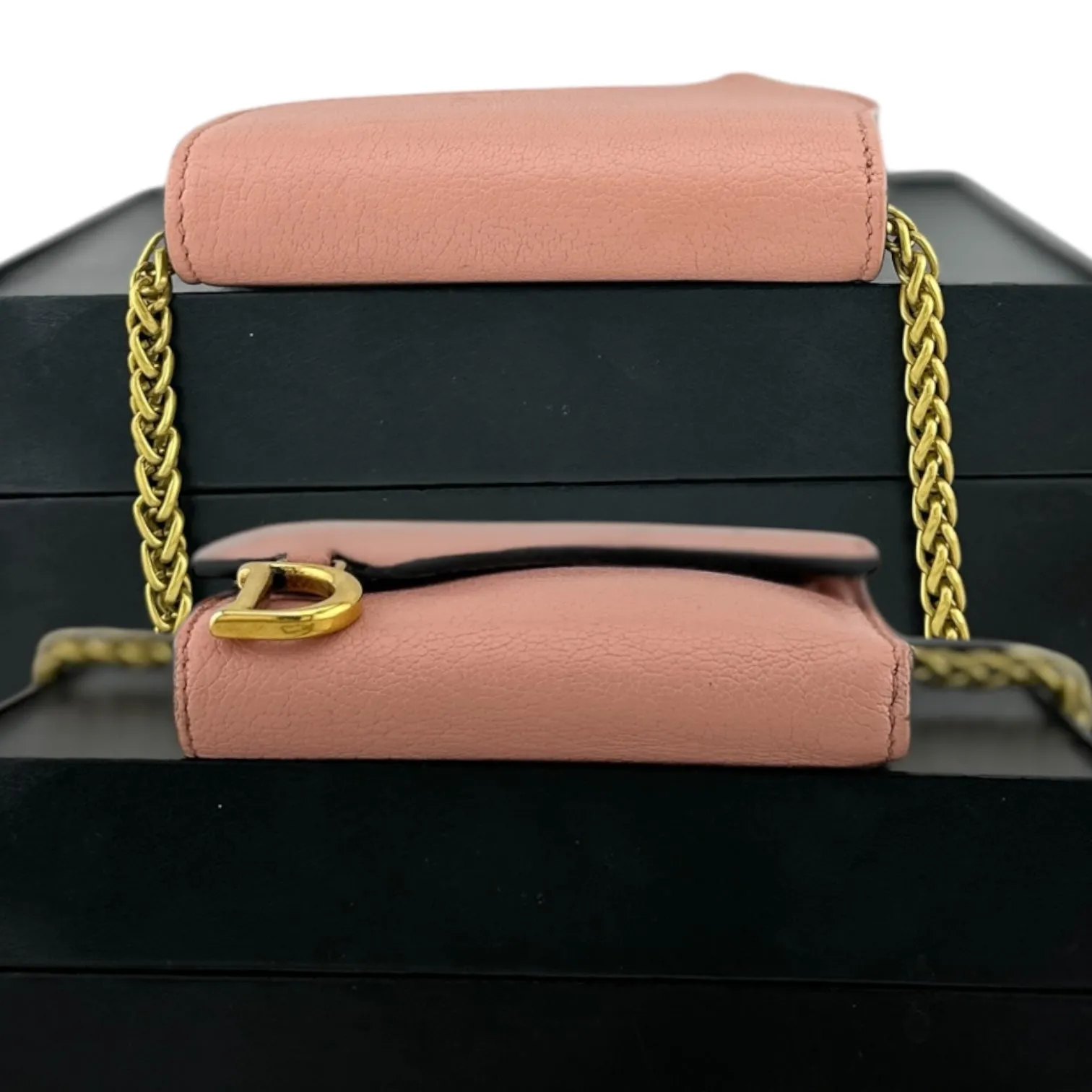 DIOR Pink Leather Compact Saddle Wallet with Added Adjustable Chain