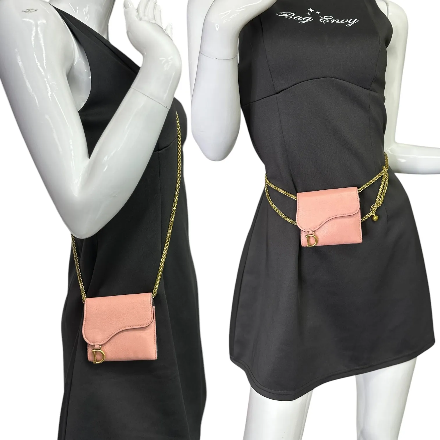 DIOR Pink Leather Compact Saddle Wallet with Added Adjustable Chain