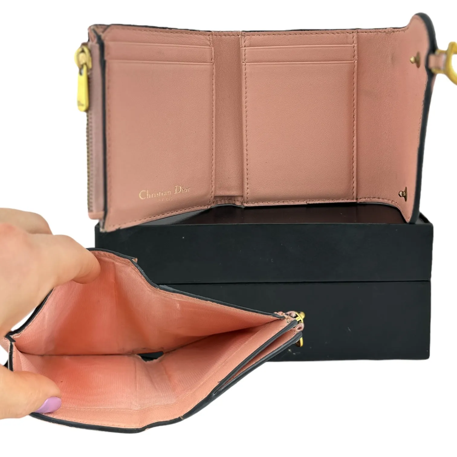 DIOR Pink Leather Compact Saddle Wallet with Added Adjustable Chain
