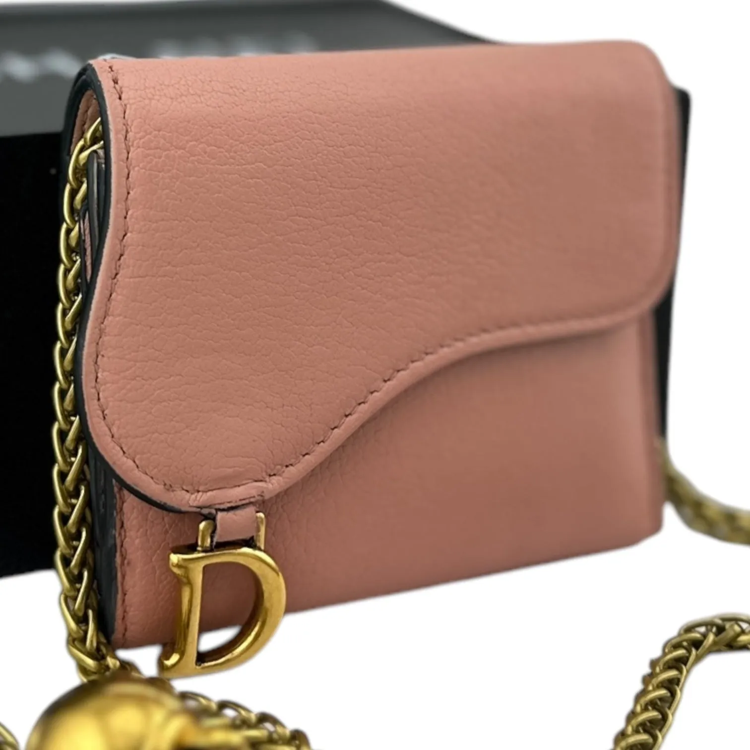 DIOR Pink Leather Compact Saddle Wallet with Added Adjustable Chain