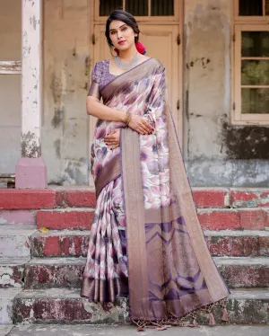 Elegant Purple Floral Banarasi Silk Saree with Intricate Zari Weave and Tassels