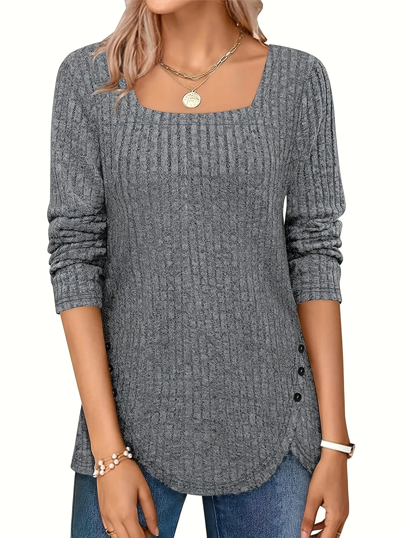 Elegant Square-Neck Striped Sweater - Comfortable, Durable & Easy-Care, Perfect for Spring to Fall