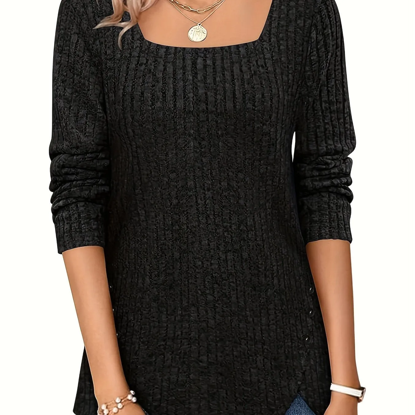 Elegant Square-Neck Striped Sweater - Comfortable, Durable & Easy-Care, Perfect for Spring to Fall