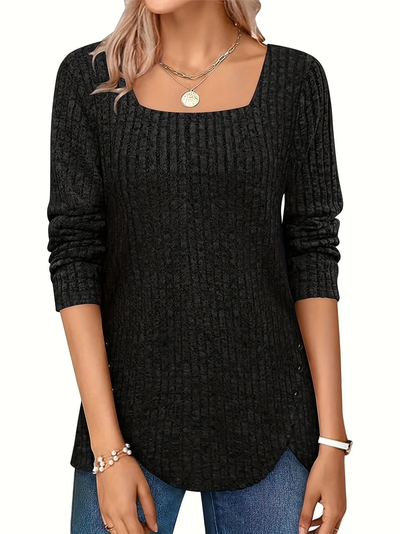 Elegant Square-Neck Striped Sweater - Comfortable, Durable & Easy-Care, Perfect for Spring to Fall