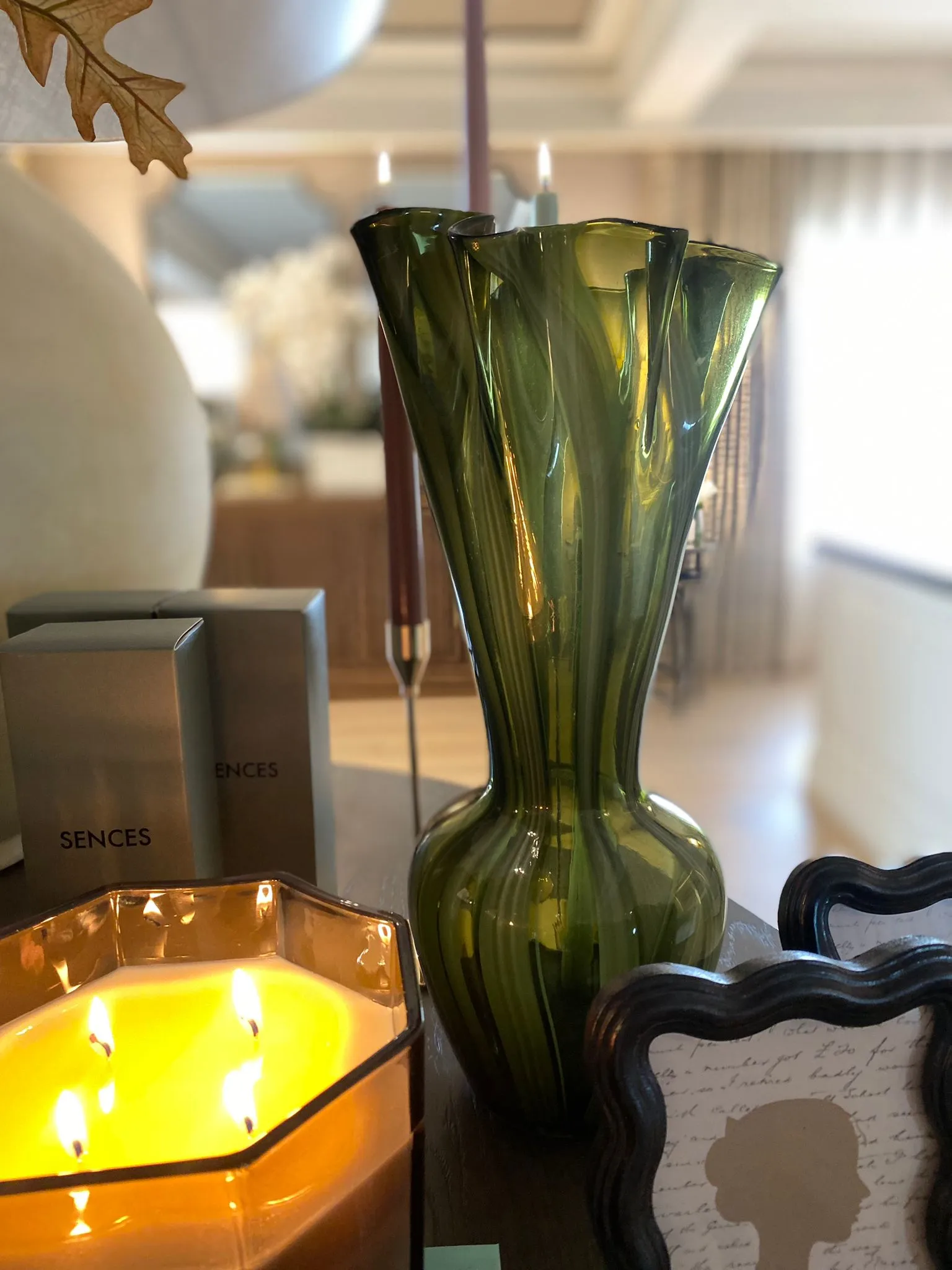 Green Striped Wave Glass Vase