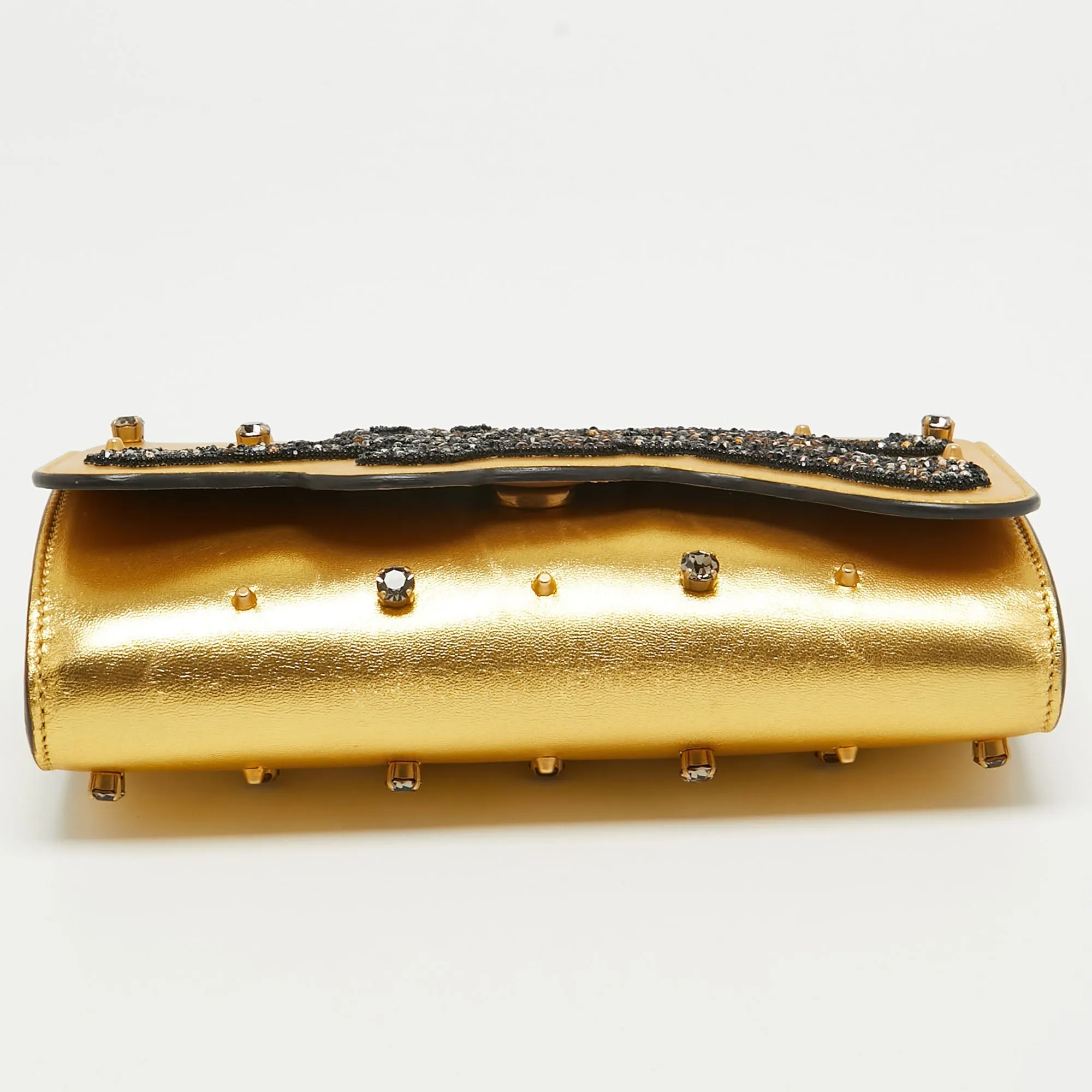 Gucci  Leather Embroidered Tiger Crystal Studded Chain Clutch