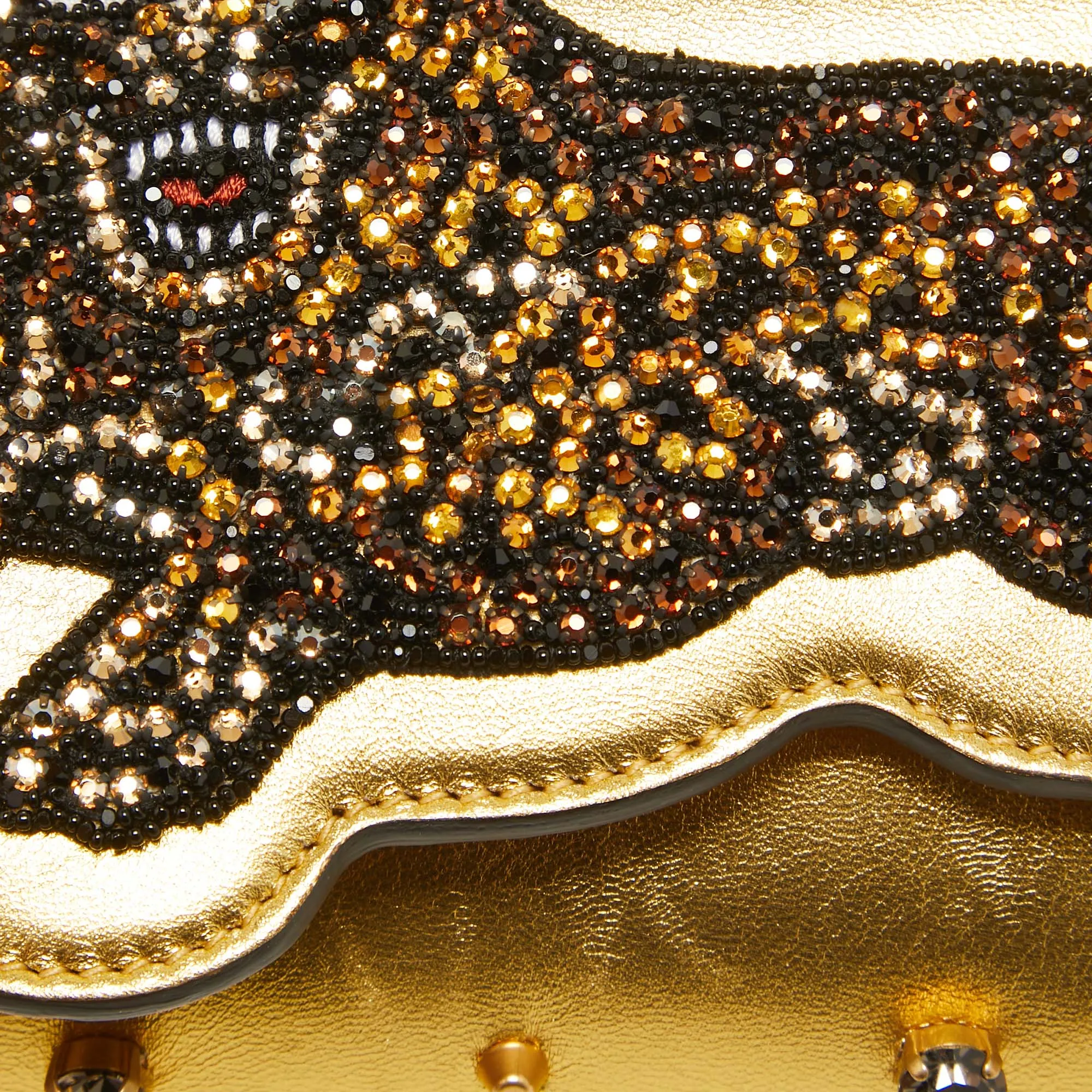 Gucci  Leather Embroidered Tiger Crystal Studded Chain Clutch