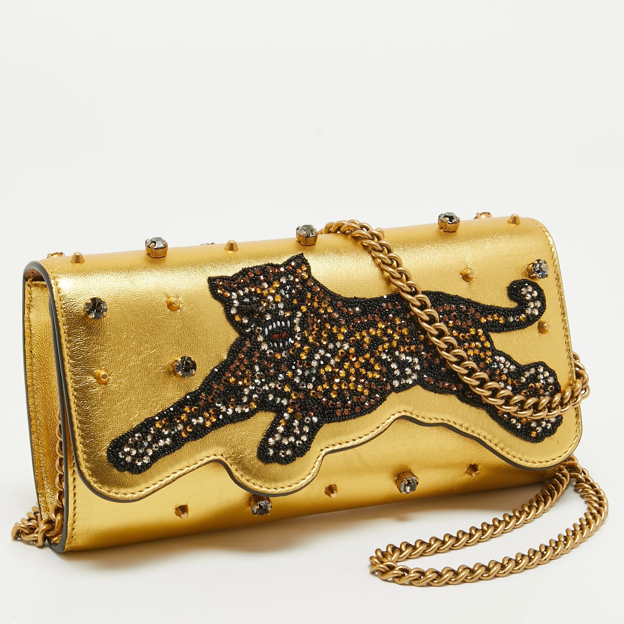 Gucci  Leather Embroidered Tiger Crystal Studded Chain Clutch