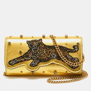 Gucci  Leather Embroidered Tiger Crystal Studded Chain Clutch