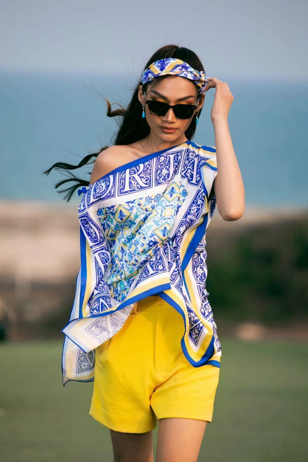 Haven Asymmetric Drop Shoulder Latin Silk Top