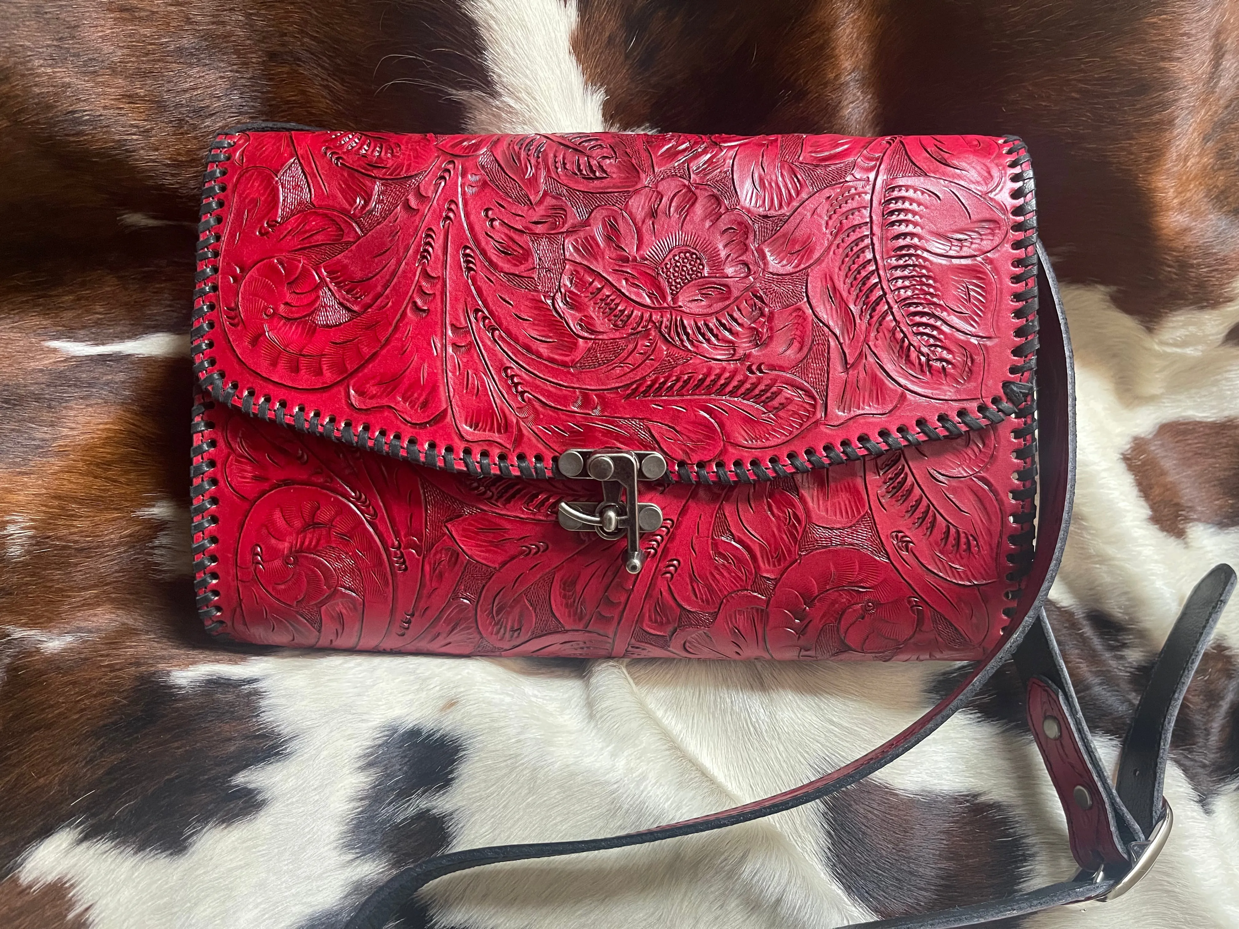 Juan Antonio Red Tooled Leather Crossbody Bag