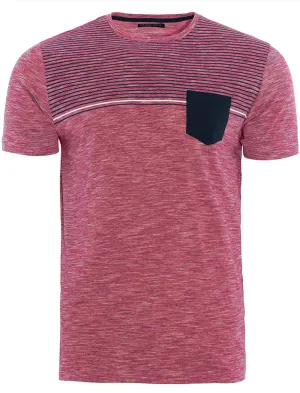 Lenin Yarn Dyed Striped T-Shirt with Chest Pocket in Red