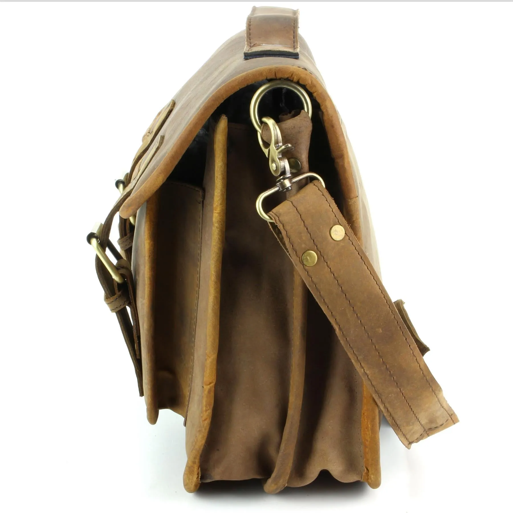 Real Leather Two Compartment Satchel - Light Brown