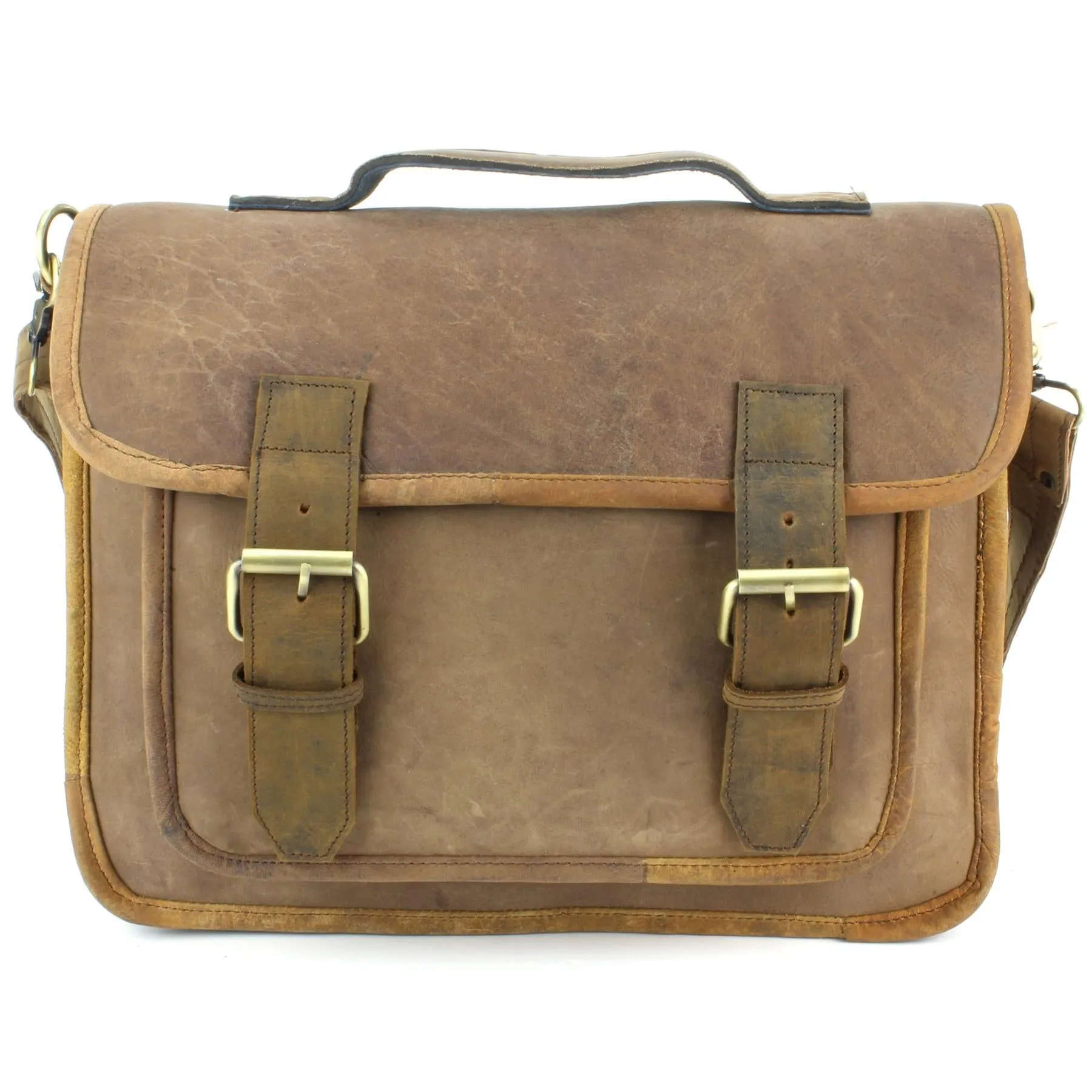 Real Leather Two Compartment Satchel - Light Brown