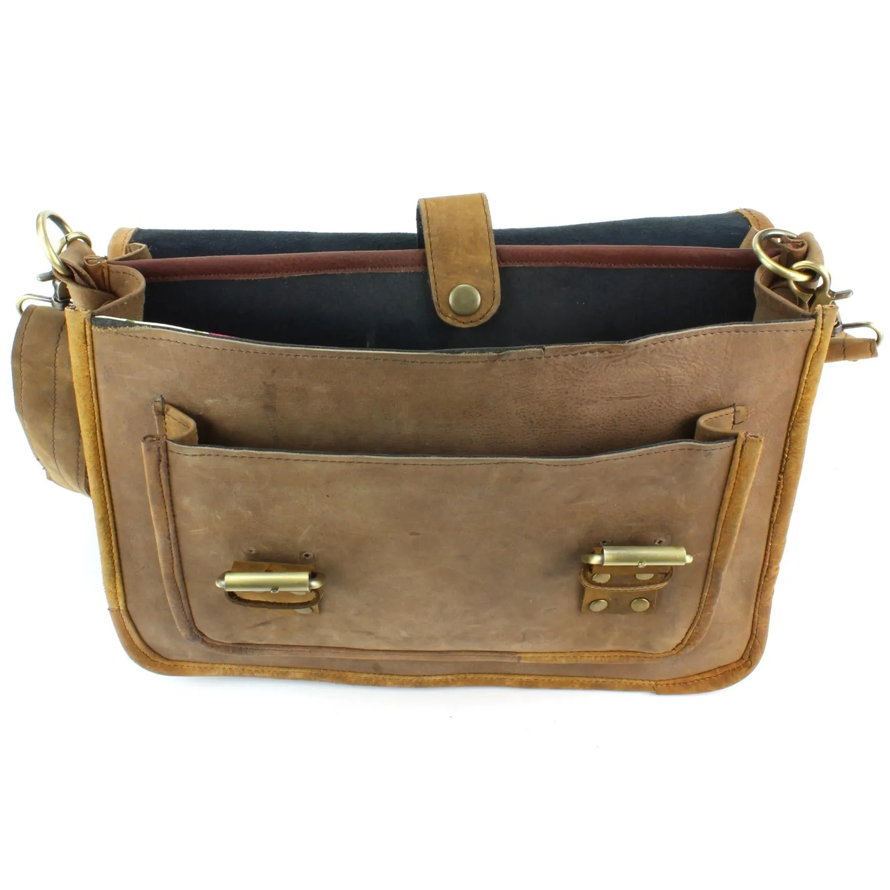 Real Leather Two Compartment Satchel - Light Brown