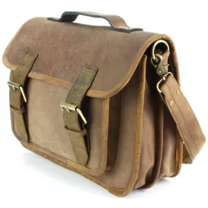 Real Leather Two Compartment Satchel - Light Brown