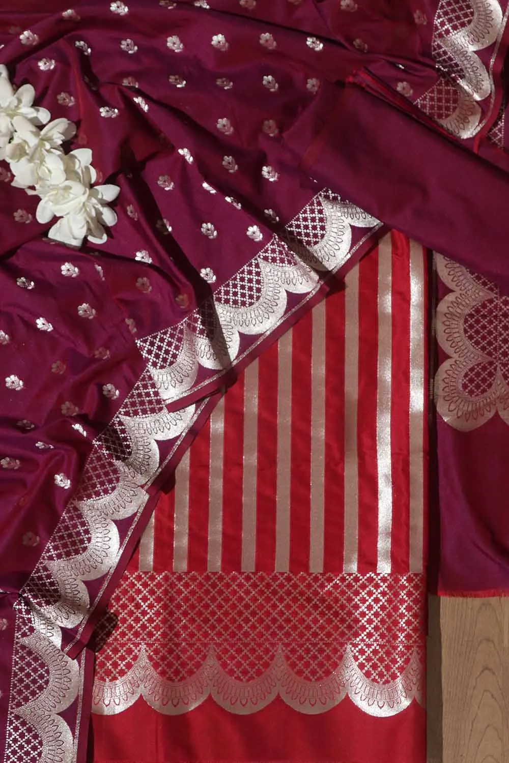 Red Banarasi Silk Three Piece Unstitch Suit Set - Elegant and Timeless