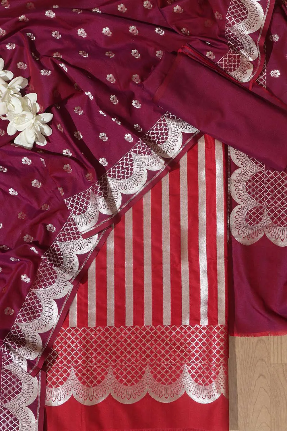 Red Banarasi Silk Three Piece Unstitch Suit Set - Elegant and Timeless