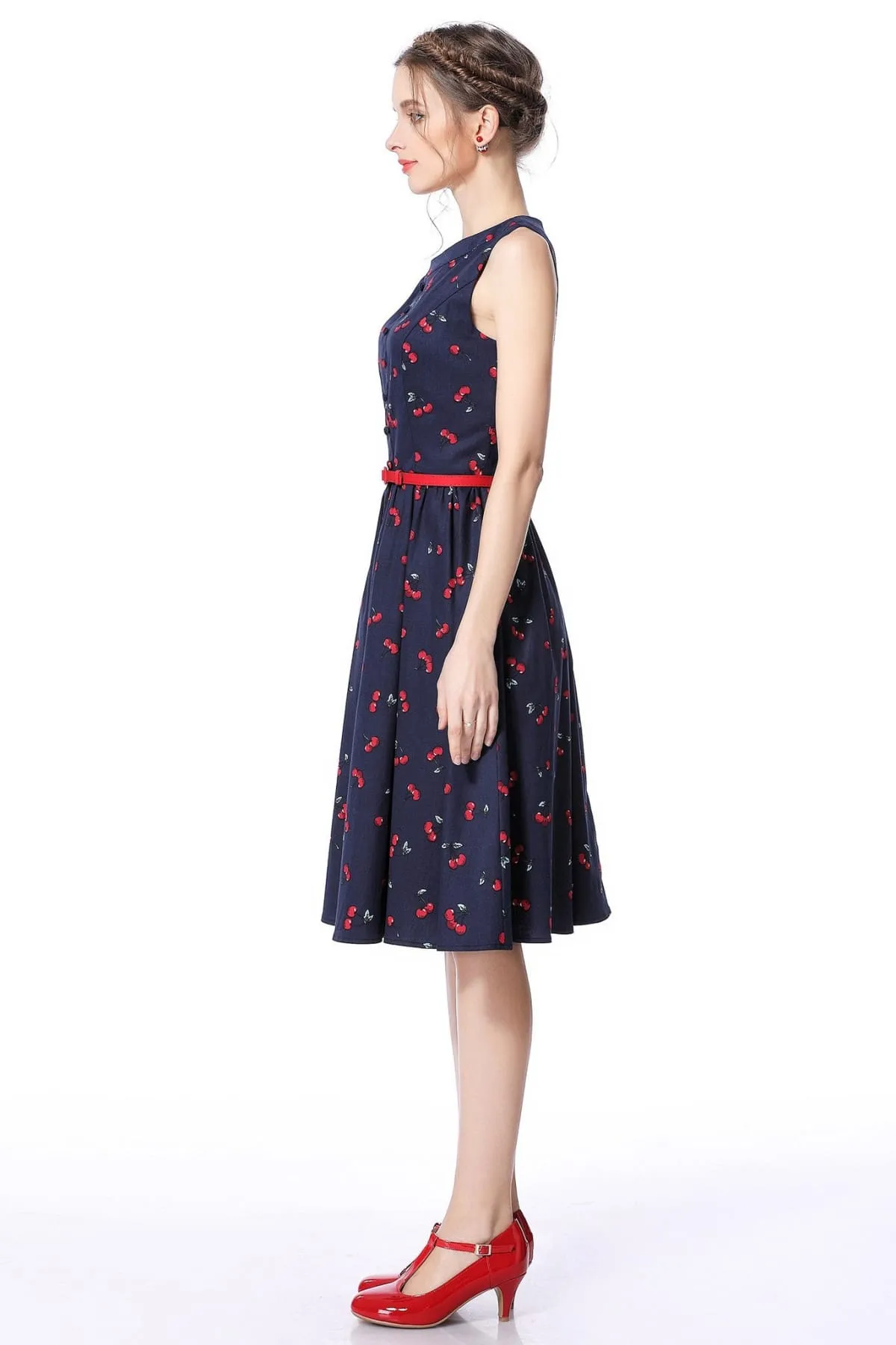 Red Cherry and Navy Buttoned Boat Neck Vintage Swing Dress
