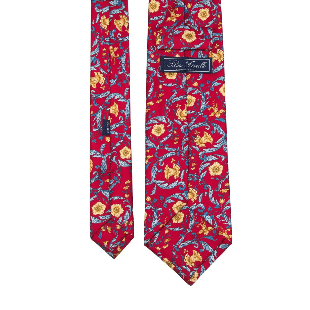 Red Light Blue and Yellow Ethereal Garden Duchesse Silk Tie