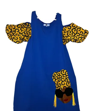 Sassy Madam Blue Cold Shoulder Mixed Material Free Dress With yellow and Ankara Head Wrapped face patch Patch