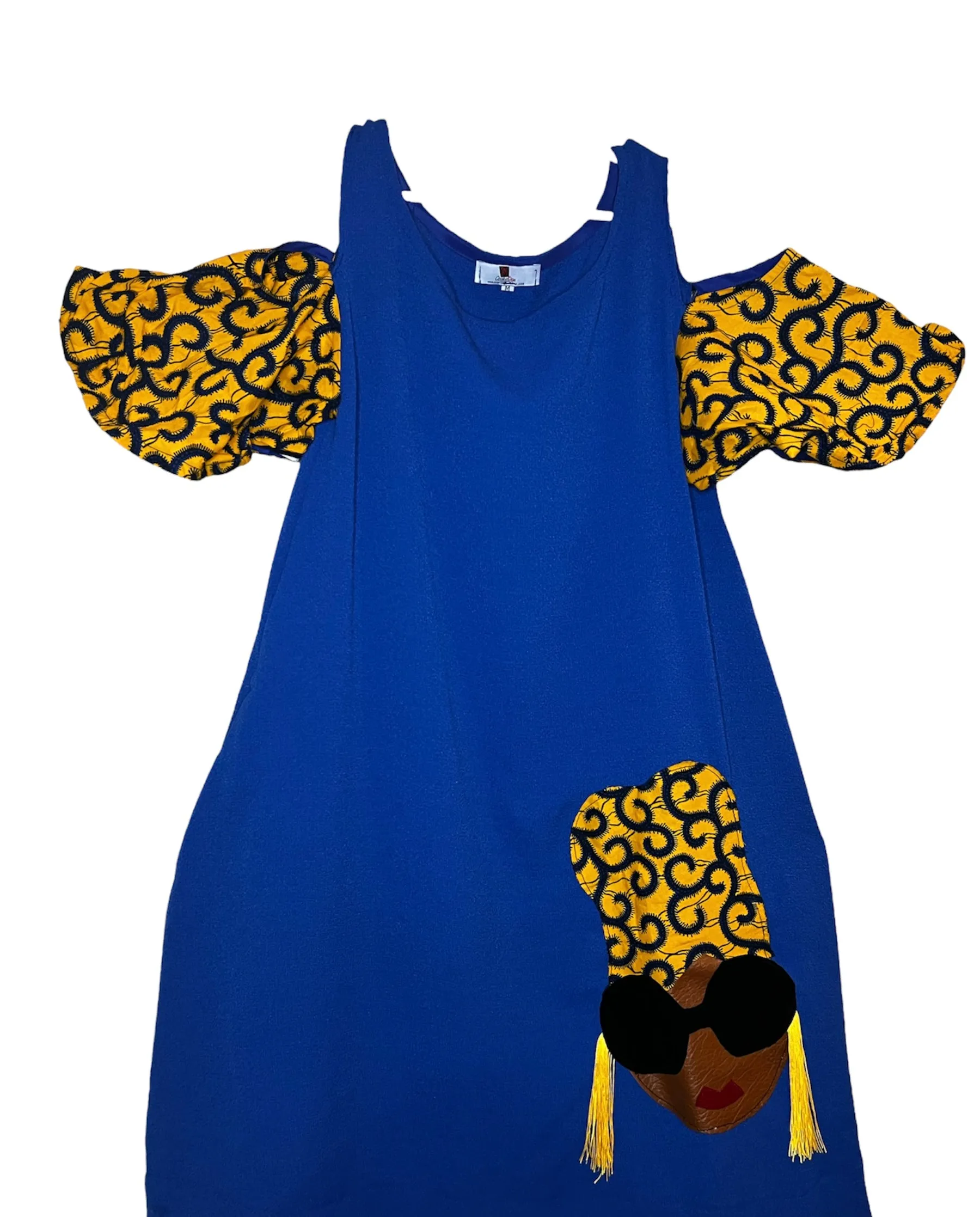 Sassy Madam Blue Cold Shoulder Mixed Material Free Dress With yellow and Ankara Head Wrapped face patch Patch
