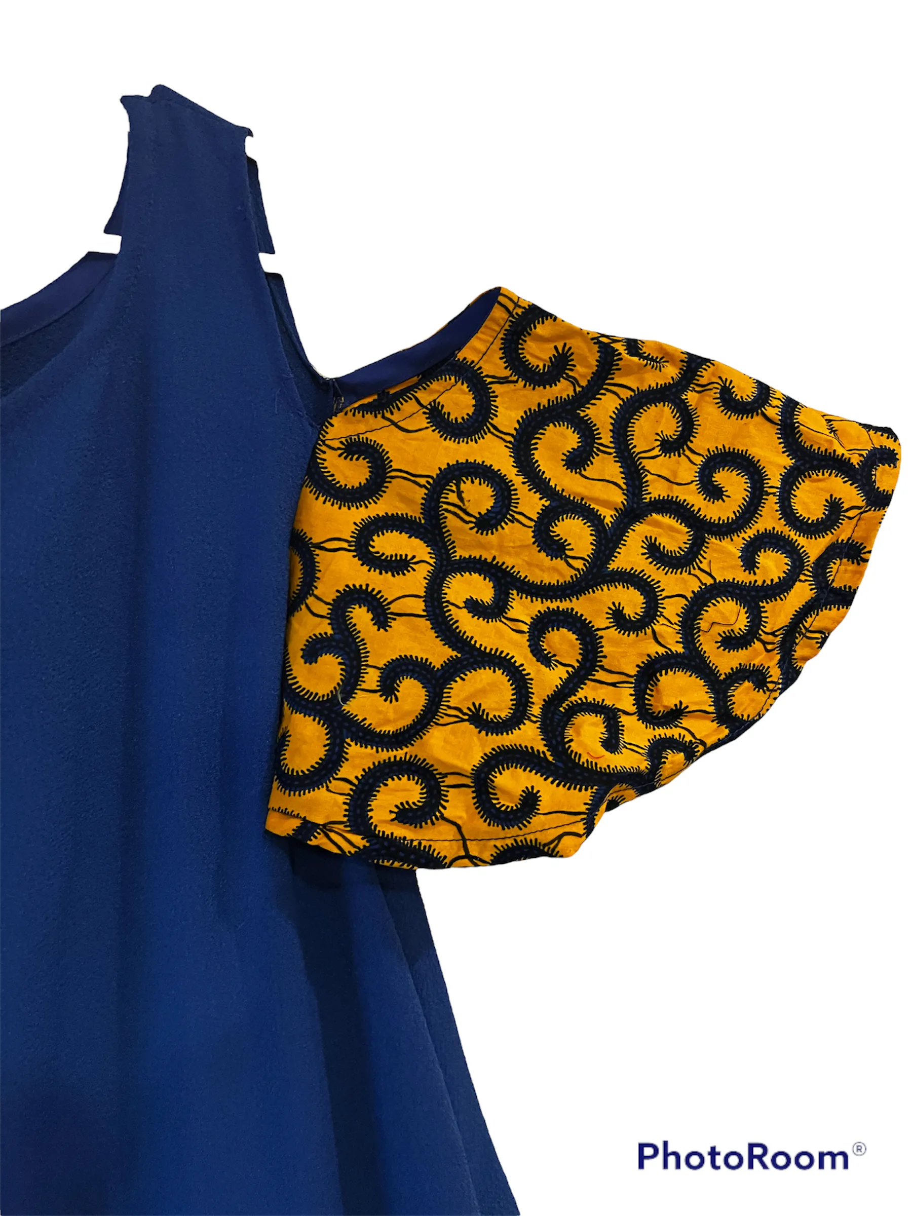Sassy Madam Blue Cold Shoulder Mixed Material Free Dress With yellow and Ankara Head Wrapped face patch Patch