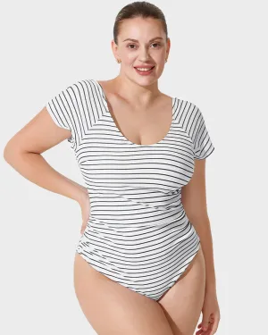 Scoop Neck Short Sleeve Stripes Modest One-Piece Swimsuit