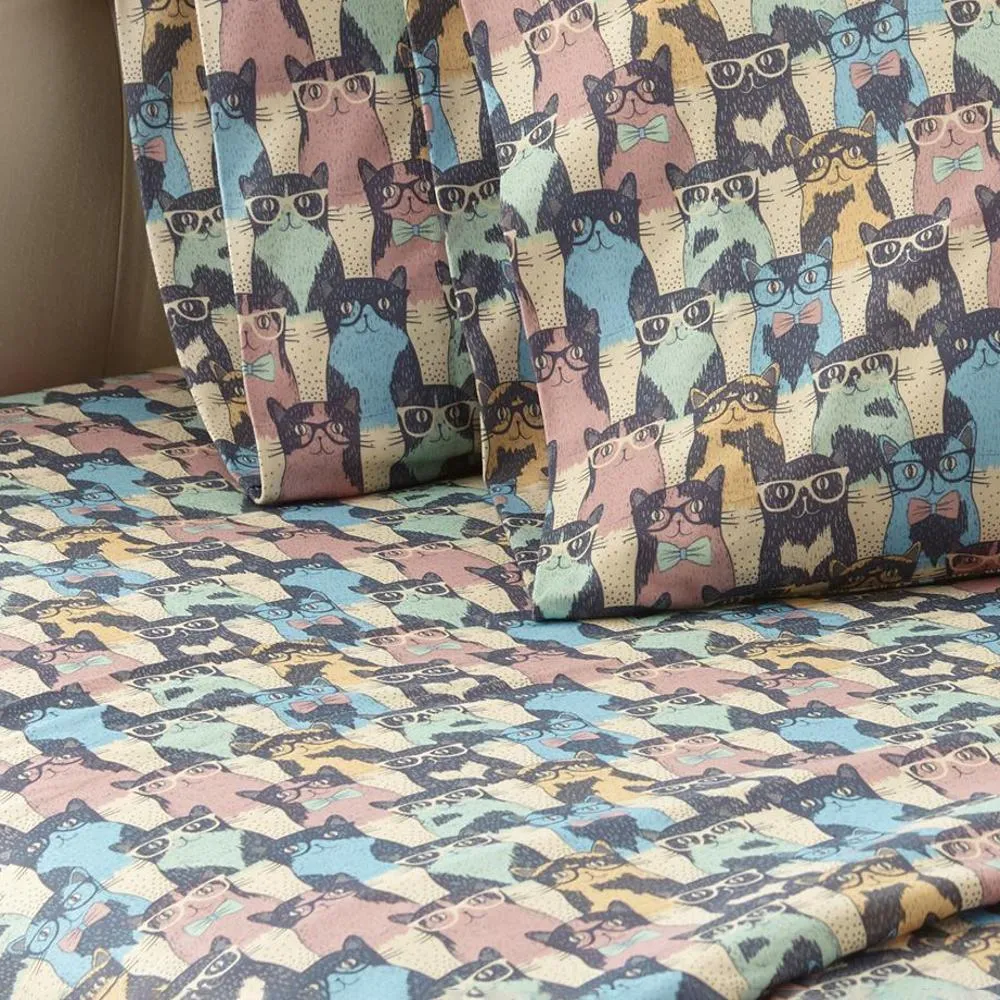 Shavel Micro Flannel Printed Sheet Set - Twin XL Flat/Fitted Sheet 66x96/81x39x14" Pillowcase 21x32" - Kool Kats.