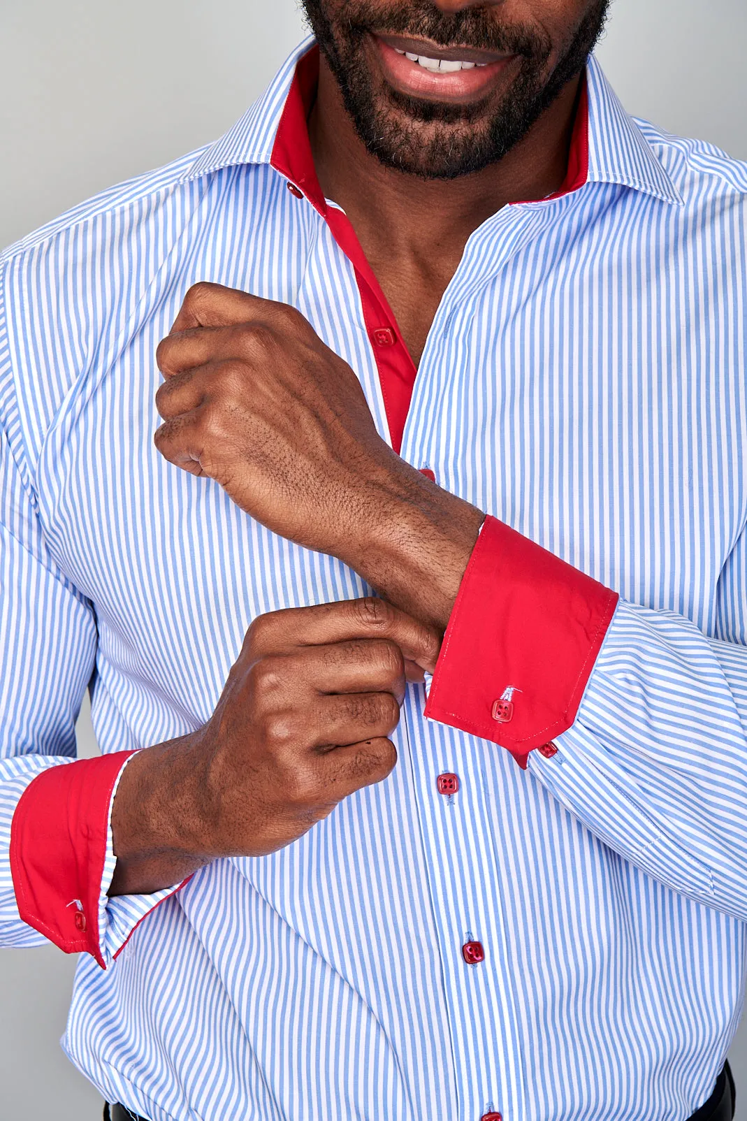 The Earl Striped Dress Shirt | Barrel Cuff & Spread Collar | Light Blue