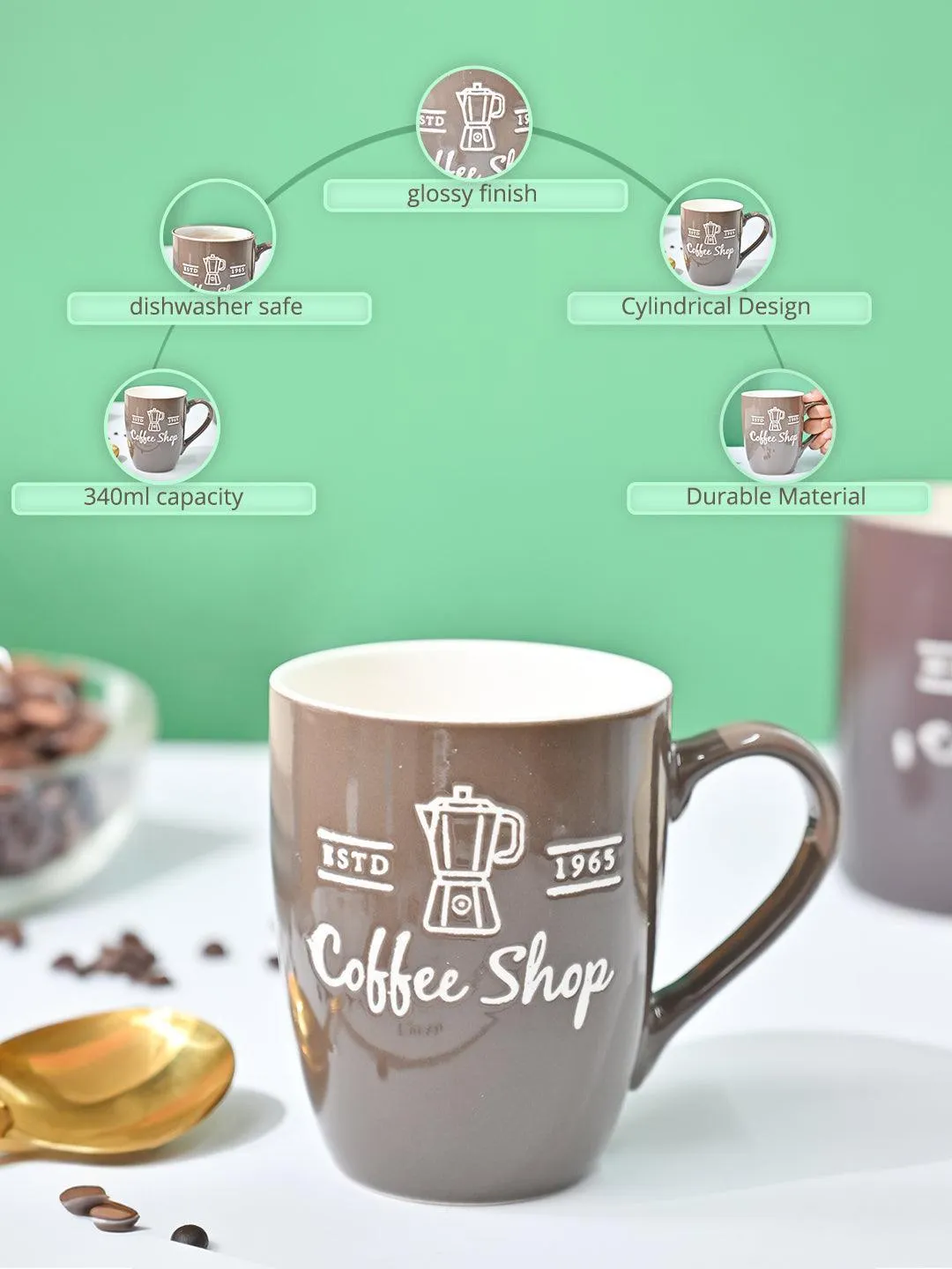 VON CASA Brown Mug (Coffee Shop) - 340Ml