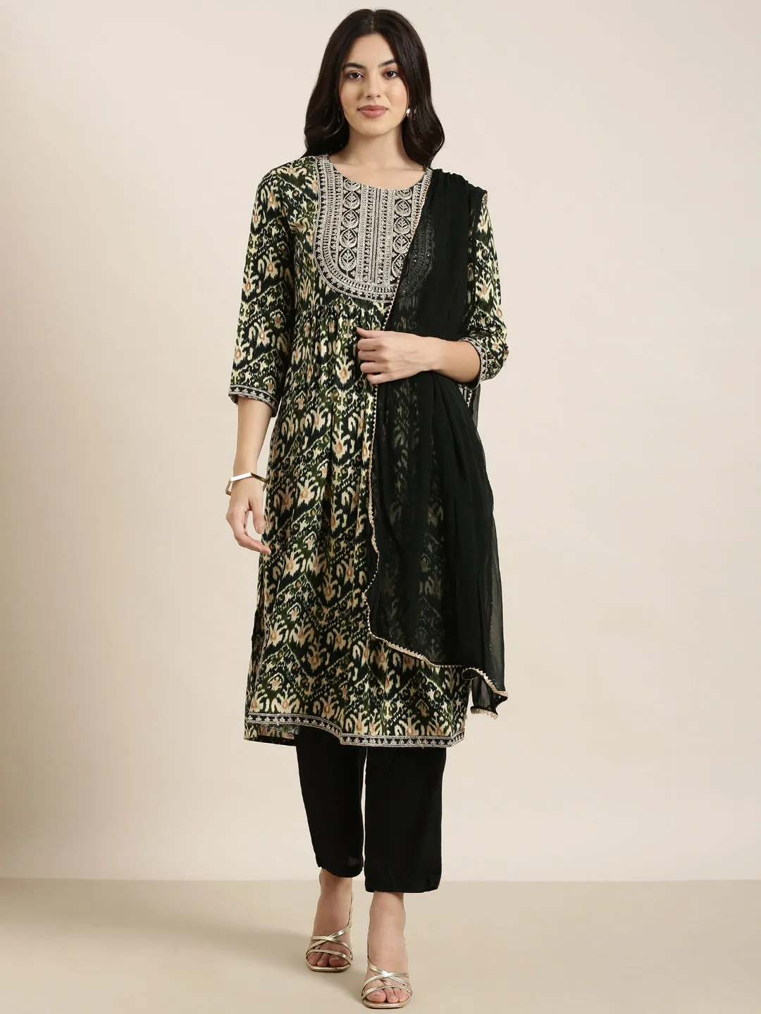 Women A-Line Green Ethnic Motifs Kurta and Trousers Set Comes With Dupatta