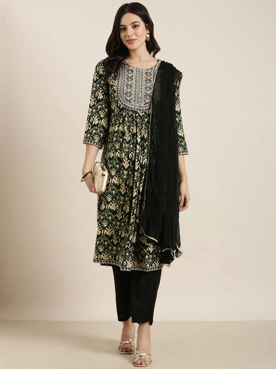 Women A-Line Green Ethnic Motifs Kurta and Trousers Set Comes With Dupatta