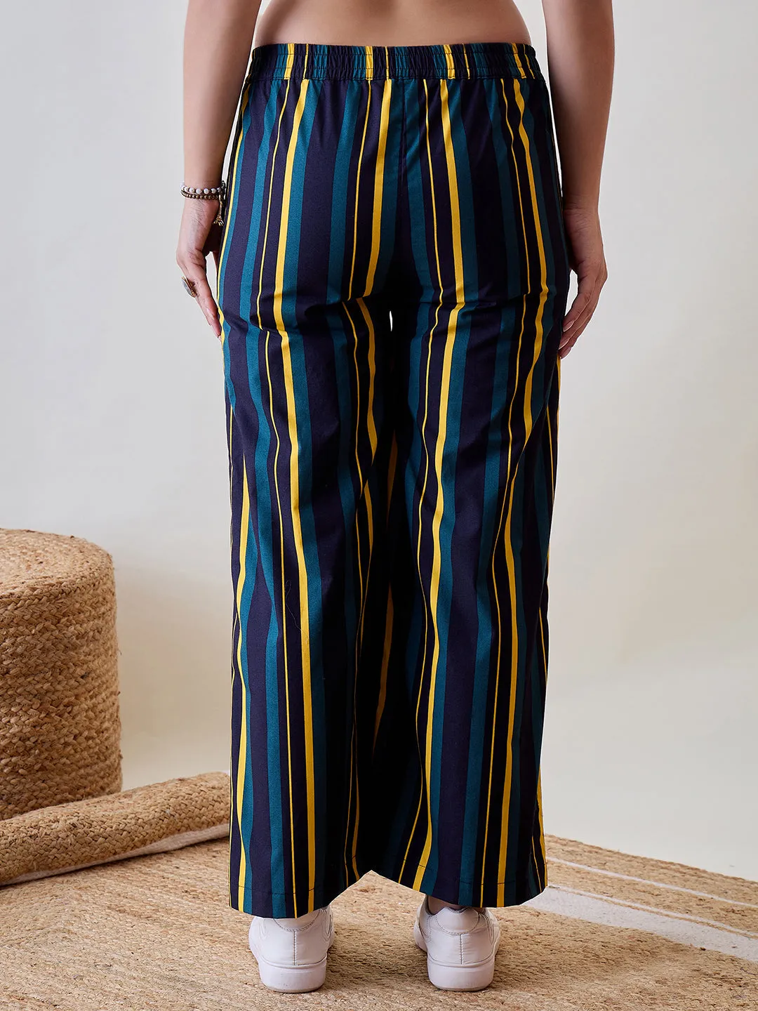 Women's Multi Color Viscose Stripes Pant - The Kaftan Company
